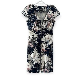Frank Lyman Montreal Collection Floral Capped Sleeve Zip Front Midi Dress